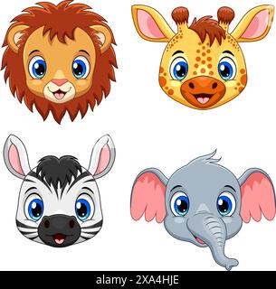 Cute animal face collection set. Lion, Giraffe, Zebra and Elephant Stock Vector