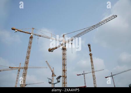 A cluster of construction cranes towers against a cloudy sky, indicating a large-scale building project. Stock Photo
