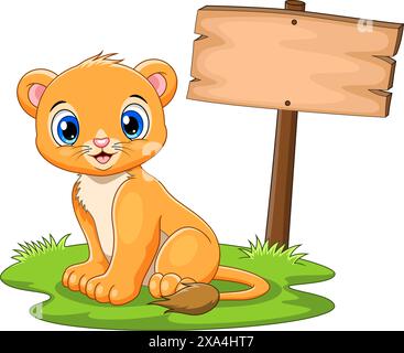 Cute baby lion sitting on blank board background Stock Vector