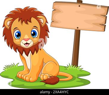 Cute baby lion sitting on blank board background Stock Vector