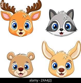 Cute animal face collection set. Lion. Deer, Raccoon, bear and Kangaroo Stock Vector