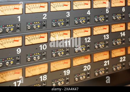 A close-up of an industrial control panel with numbered gauges, dials, and indicator lights. Stock Photo