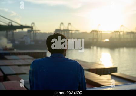 A man is seen from behind looking out at a busy shipping port with cranes and cargo containers at sunrise or sunset. Stock Photo