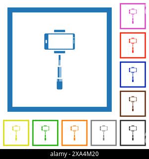 Smartphone on selfie stick front view flat color icons in square frames on white background Stock Vector