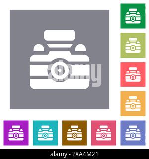 Camera solid flat icons on simple color square backgrounds Stock Vector