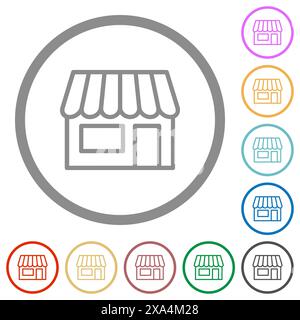 Store front outline flat color icons in round outlines on white background Stock Vector