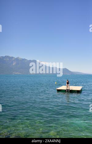 A person stands on a wooden dock extending into a clear blue lake, with mountains and a blue sky in the background. Stock Photo