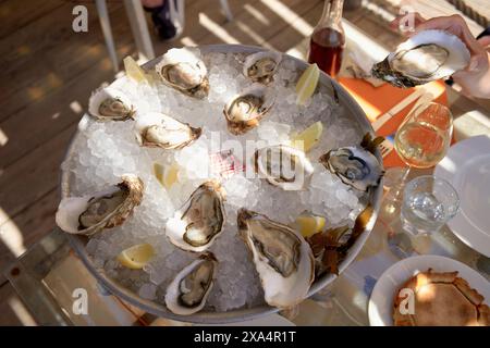 A platter of fresh oysters on ice served with lemon wedges is being enjoyed at an outdoor setting, with a hand reaching for an oyster and a wine glass in the frame. Stock Photo