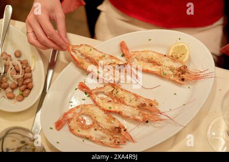 Fresh grilled shrimps served on a white plate with lemon and herbs. Stock Photo