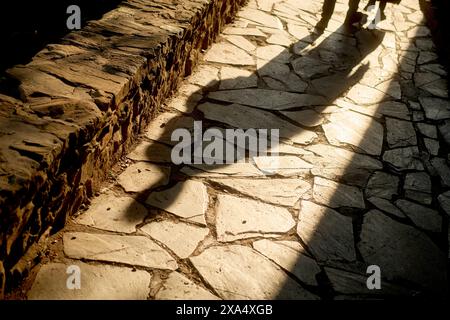 Sunlight casts the shadows of people on an uneven stone path. Stock Photo