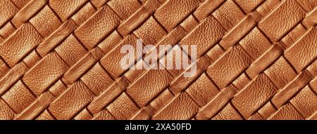 Texture of dark orange leather background with wicker pattern, macro. Abstract backdrop from modern decorative copper textile with diagonal lines. Stock Photo