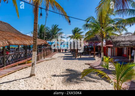 View of restaurants and beach bar at Puerto Morelos, Caribbean Coast ...