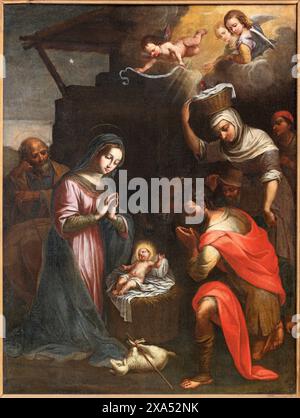 SPELLO, ITALY - MAY 18, 2024:The  painting of  Nativity in the church Chiesa di San Severino by Giacinto Boccanera from 18. cent. Stock Photo