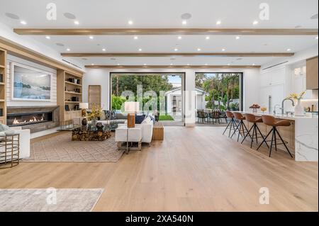 Modern living room with hardwood floors, a sleek bar, and a stylish sink Stock Photo