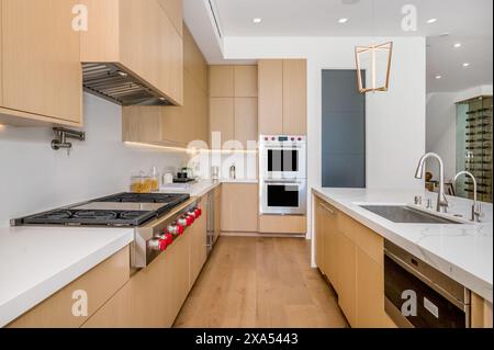 Spacious kitchen with sleek countertops and modern stove Stock Photo