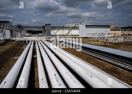 A press conference on expansion of Italian TAL pipeline took place in Central oil tank farm (photo) in Nelahozeves, Czech Republic, on June 4, 2024. Czechia will get rid of its dependence on Russian oil by the middle of next year at the latest, PM Fiala said, adding that he wants to request the end of the exemption on Russian oil imports as soon as the TAL pipeline expansion project is completed. (CTK Photo/Ondrej Deml) Stock Photo