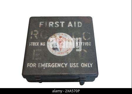 Detail of an old American first aid kit from the Second World War. on white background Stock Photo