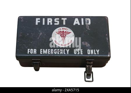 Detail of an old American first aid kit from the Second World War. on white background Stock Photo