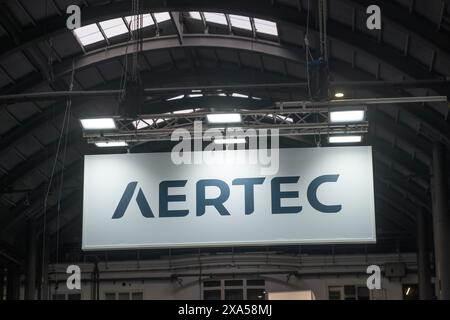 Barcelona, Spain. 04th June, 2024. The logo of the Spanish company Aertec seen at the Unvex 24 fair. A new edition of Unvex, the largest event on unmanned aerial vehicles (UAV) and systems, will take place in Barcelona on July 4 and 5 at the Hall 1 fairgrounds of Fira de Barcelona Montjuic. (Photo by Paco Freire/SOPA Images/Sipa USA) Credit: Sipa USA/Alamy Live News Stock Photo