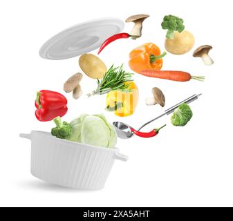 Fresh ingredients falling into saucepan on white background Stock Photo