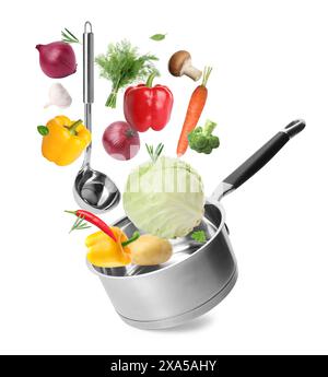Fresh ingredients falling into saucepan on white background Stock Photo