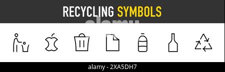 Recycling symbols icons. Bin, Glass, Glass, Plastic, Recycling, Waste vector icon. Editable stroke. Stock Vector