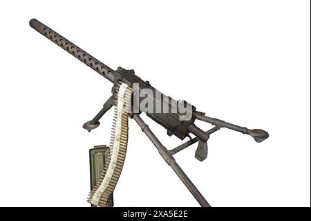 Detail of a Browning M1919 30 caliber machine gun from World War II on white background Stock Photo