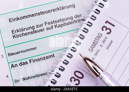 Einkommensteuererklärung mit Kalender Ein Bürokalender liegt mit Kugelschreiber auf einer Einkommensteuererklärung für das Finanzamt *** Income tax re Stock Photo