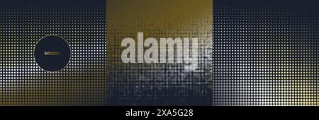 Set of metallic and halftone square backgrounds in gold and black colors Stock Vector