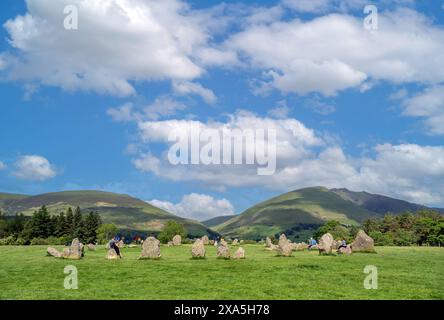 Visitors at Castlerigg Stone Circle, a late neolithic to early bronze age site near Keswick, Lake District, Cumbria, UK Stock Photo