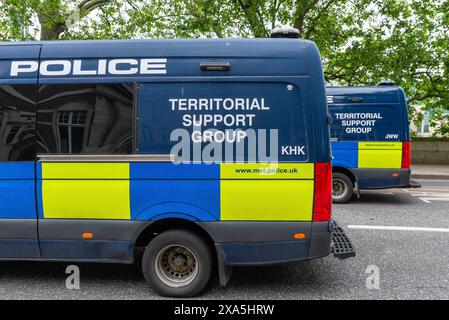 Metropolitan Police Territorial Support Group vans, Millbank, London ahead of a protest march against two tier policing. Ready to block confrontation Stock Photo