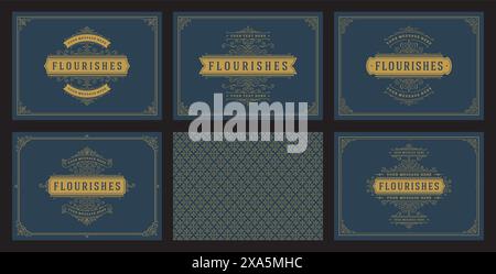 Vintage ornament greeting cards set templates flourish ornate frames and pattern background vector illustration for wedding invitations, greeting card Stock Vector