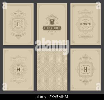 Vintage ornament greeting cards set templates flourish ornate frames and pattern background vector illustration for wedding invitations, greeting card Stock Vector