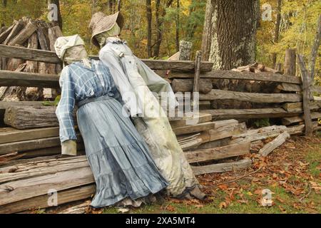 Two scarecrows on a rural property in Virginia's countryside, USA Stock Photo