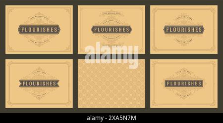 Vintage ornament greeting cards set templates flourish ornate frames and pattern background vector illustration for wedding invitations, greeting card Stock Vector