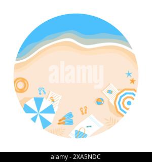Round summer clipart. Coastline and beach with umbrellas, sunbeds and summer items, top view. Flat vector illustration Stock Vector