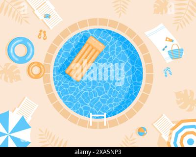 Round swimming pool with sunbeds, beach umbrellas and beach items around, top view. Flat vector illustration Stock Vector