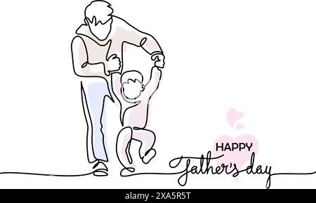 Father teaches his son to walk first step. Continuous one line drawing. Stock Vector