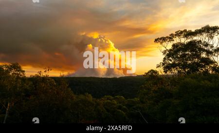 Drone aerial photograph of controlled bush fire hazard reduction burning by the Rural Fire Service in the Blue Mountains in NSW, Australia. Stock Photo