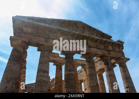 The Temple of Hera II (also erroneously called the Temple of Neptune or of Poseidon), a Greek temple built in about 450BC in Paestum, Campania, Italy Stock Photo