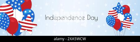 Independence Day web banner. July 4 celebration USA vector background. American rectangular horizontal banner. Balloons in United States flag colors, Stock Vector