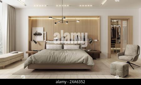 Modern and spacious bedroom designed in Japadi style - a combination of Scandinavian and Japanese design. Stock Photo