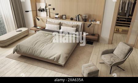 Modern and spacious bedroom designed in Japadi style - a combination of Scandinavian and Japanese design. Stock Photo