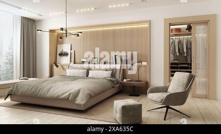 Modern and spacious bedroom designed in Japadi style - a combination of Scandinavian and Japanese design. Stock Photo