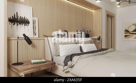 Modern and spacious bedroom designed in Japadi style - a combination of Scandinavian and Japanese design. Stock Photo
