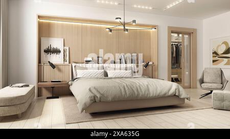 Modern and spacious bedroom designed in Japadi style - a combination of Scandinavian and Japanese design. Stock Photo