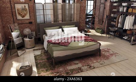 Loft bedroom interior, with the bed in the center and the living room in the background. Industrial design with large loft windows and raw bricks. Stock Photo