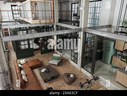 Modern, spacious loft apartment, designed as an open-plan interior with a living room, dining room, bedroom, kitchen, home office and bathroom. Stock Photo