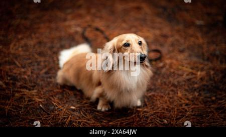 A long-haired white and brown Dachshund dog standing in a dirt area Stock Photo
