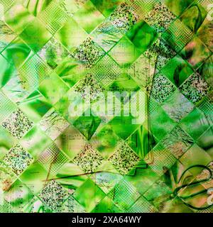 Green quilted patchwork background with square pattern designs Stock Photo
